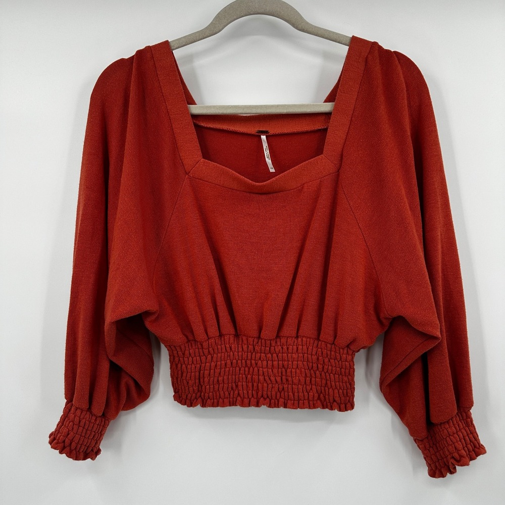 Free People Smocked Balloon Sleeve Square Neck‎ Crop Top Rust Orange XS Earthy